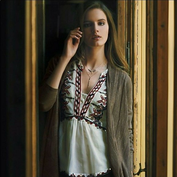 Anthro Akemi + Kin Embroidered Sheer Peasant Top - Picture 2 of 9